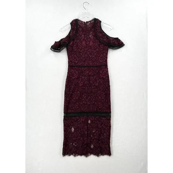 ALEXIS Evie Lace Midi Sheath Dress Womens Small Burgundy Crew Neck Cold Shoulder - Picture 6 of 16